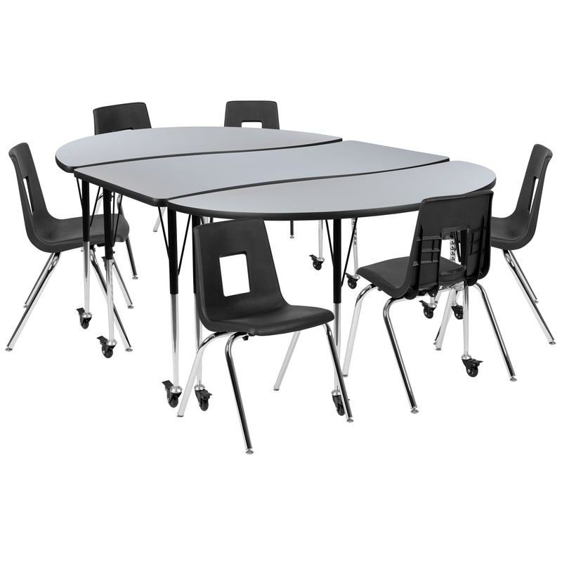 Mobile 86" Oval Wave Flexible Laminate Activity Table Set with 18" Student Stack Chairs, Grey/Black