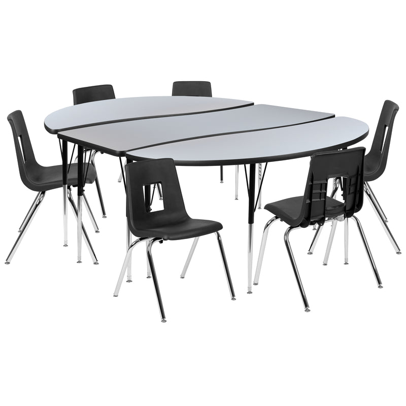 86" Oval Wave Flexible Laminate Activity Table Set with 18" Student Stack Chairs, Grey/Black