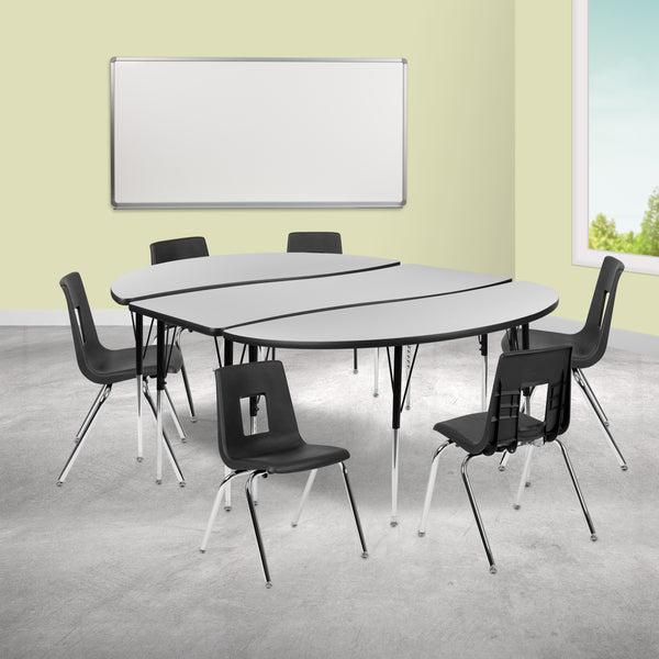 86" Oval Wave Flexible Laminate Activity Table Set with 18" Student Stack Chairs, Grey/Black