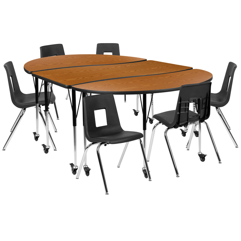 Mobile 86" Oval Wave Flexible Laminate Activity Table Set with 18" Student Stack Chairs, Oak/Black