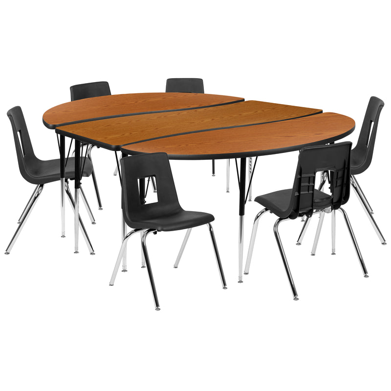 86" Oval Wave Flexible Laminate Activity Table Set with 18" Student Stack Chairs, Oak/Black