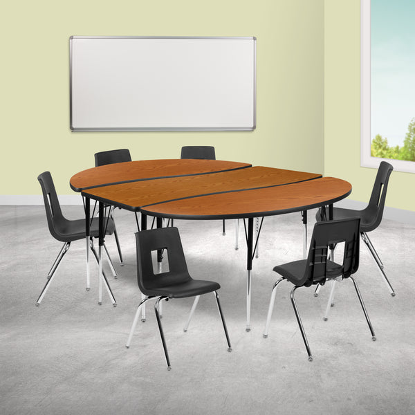 86" Oval Wave Flexible Laminate Activity Table Set with 18" Student Stack Chairs, Oak/Black