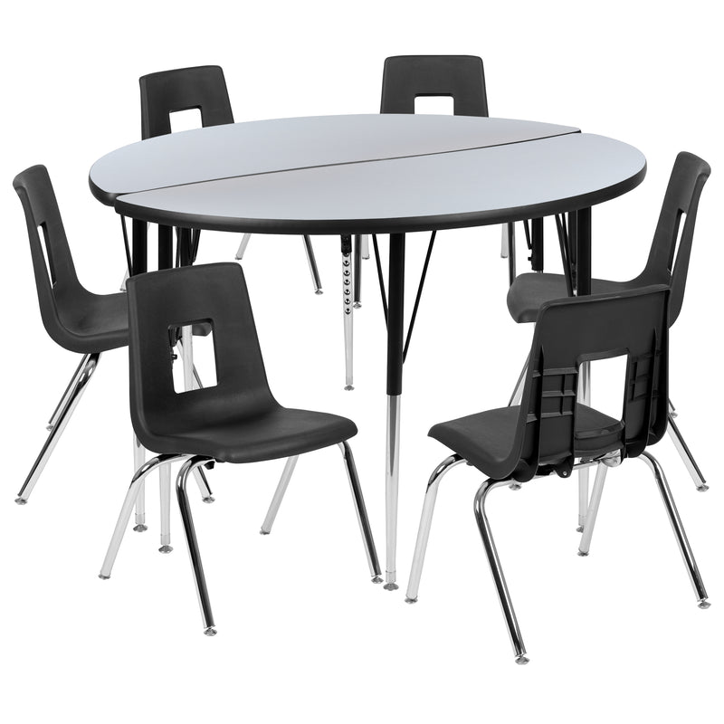 47.5" Circle Wave Flexible Laminate Activity Table Set with 18" Student Stack Chairs, Grey/Black