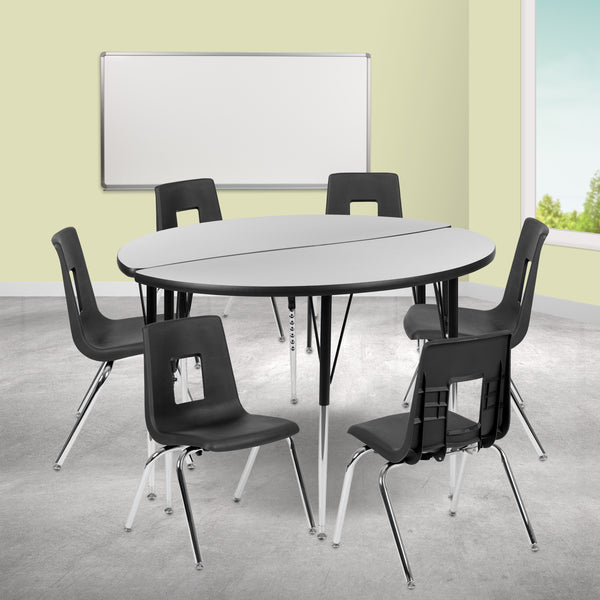 47.5" Circle Wave Flexible Laminate Activity Table Set with 18" Student Stack Chairs, Grey/Black