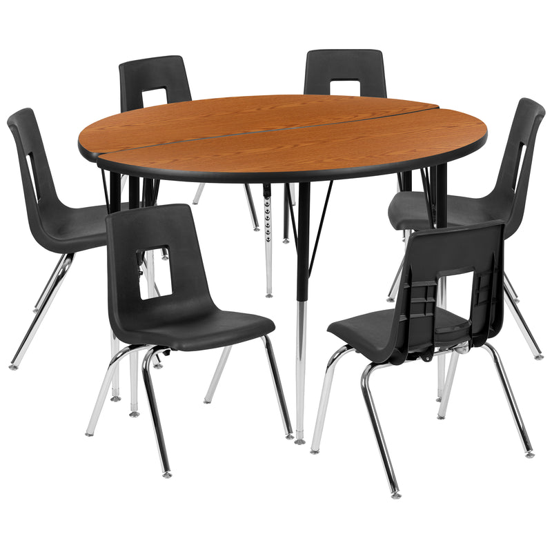 47.5" Circle Wave Flexible Laminate Activity Table Set with 18" Student Stack Chairs, Oak/Black