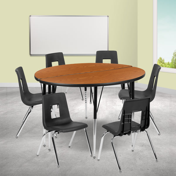 47.5" Circle Wave Flexible Laminate Activity Table Set with 18" Student Stack Chairs, Oak/Black