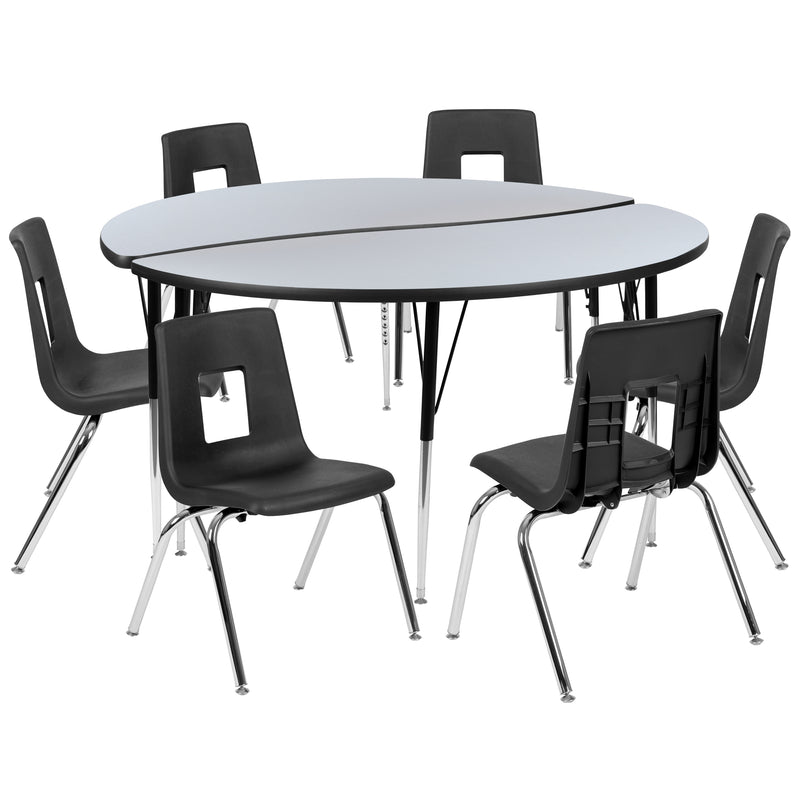 60" Circle Wave Flexible Laminate Activity Table Set with 18" Student Stack Chairs, Grey/Black