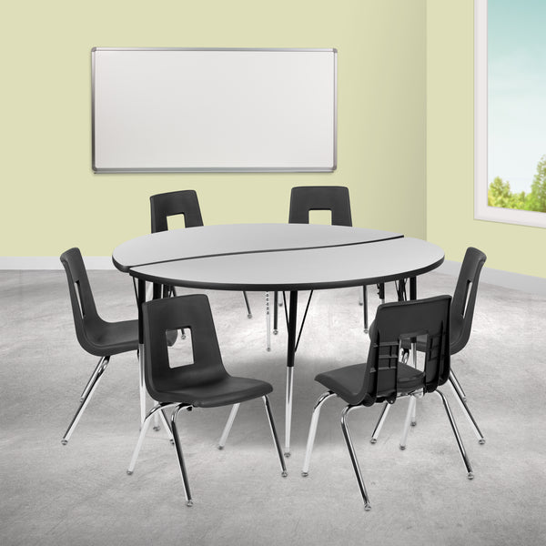 60" Circle Wave Flexible Laminate Activity Table Set with 18" Student Stack Chairs, Grey/Black