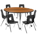 Mobile 60" Circle Wave Flexible Laminate Activity Table Set with 18" Student Stack Chairs, Oak/Black