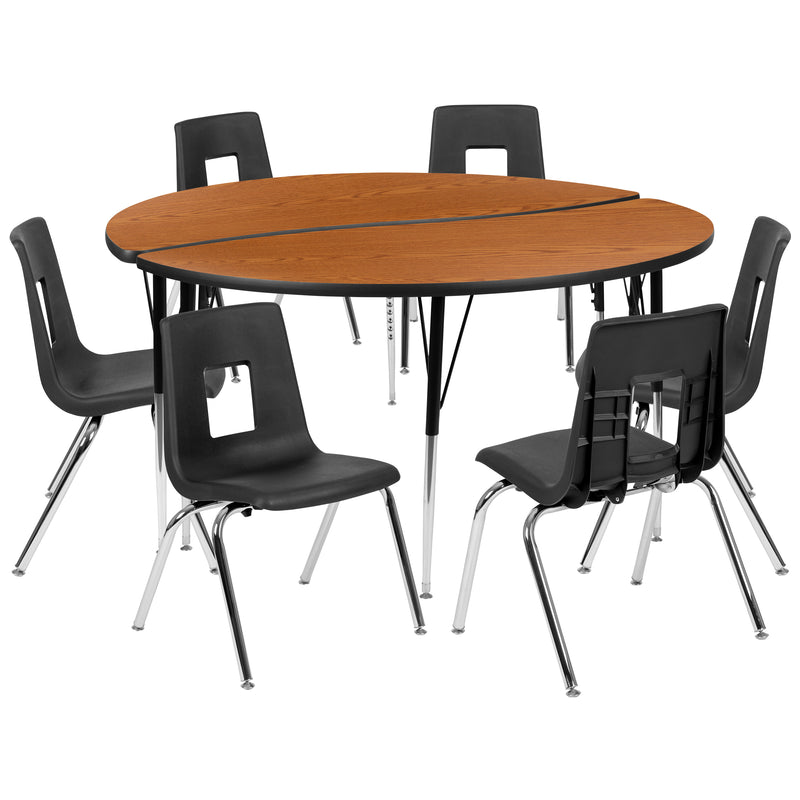 60" Circle Wave Flexible Laminate Activity Table Set with 18" Student Stack Chairs, Oak/Black