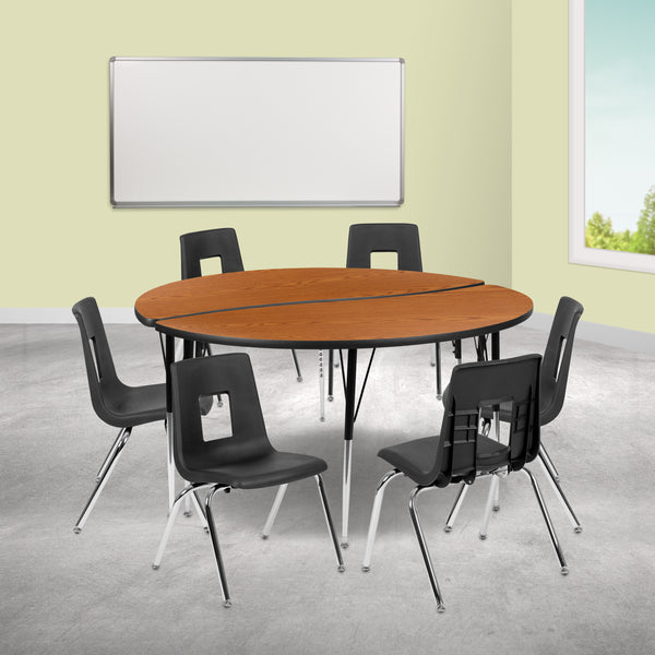 60" Circle Wave Flexible Laminate Activity Table Set with 18" Student Stack Chairs, Oak/Black