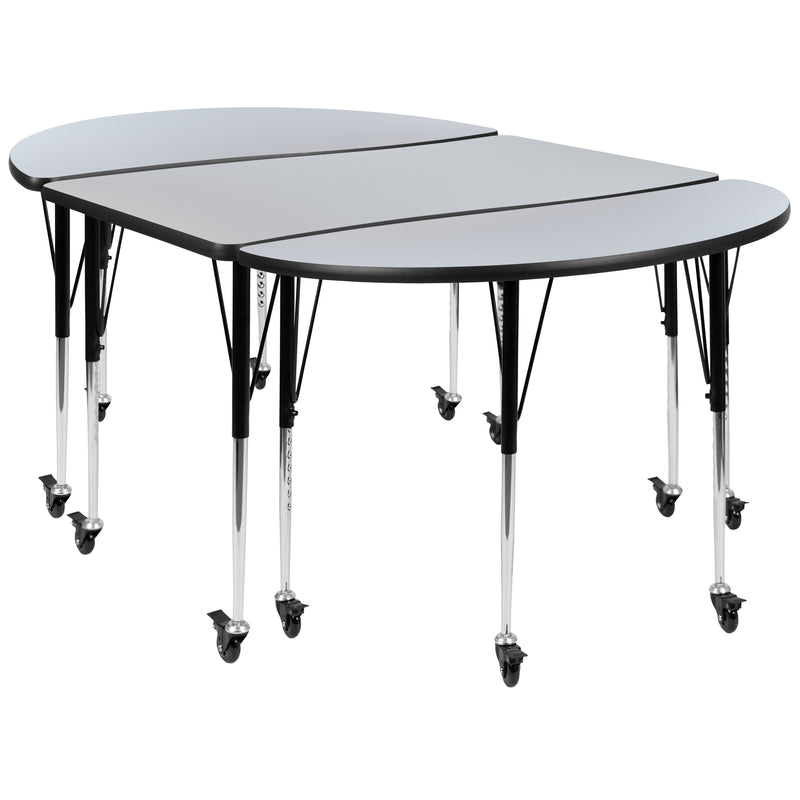 3 Piece Mobile 76" Oval Wave Flexible Grey Thermal Laminate Activity Table Set-Standard Height Adjustable Legs