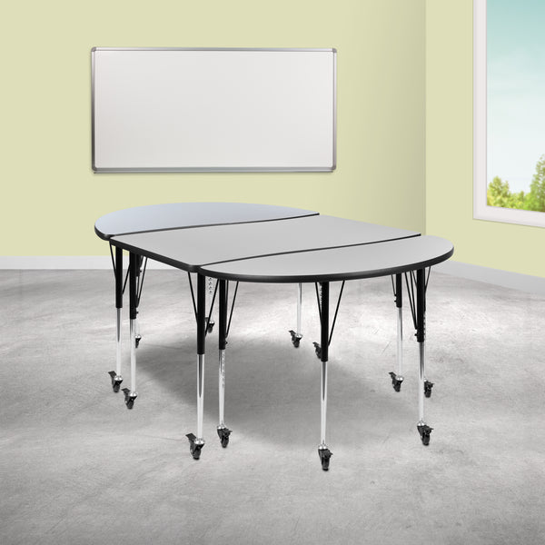 3 Piece Mobile 76" Oval Wave Flexible Grey Thermal Laminate Activity Table Set-Standard Height Adjustable Legs