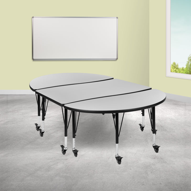 3 Piece Mobile 76" Oval Wave Flexible Grey Thermal Laminate Activity Table Set - Height Adjustable Short Legs