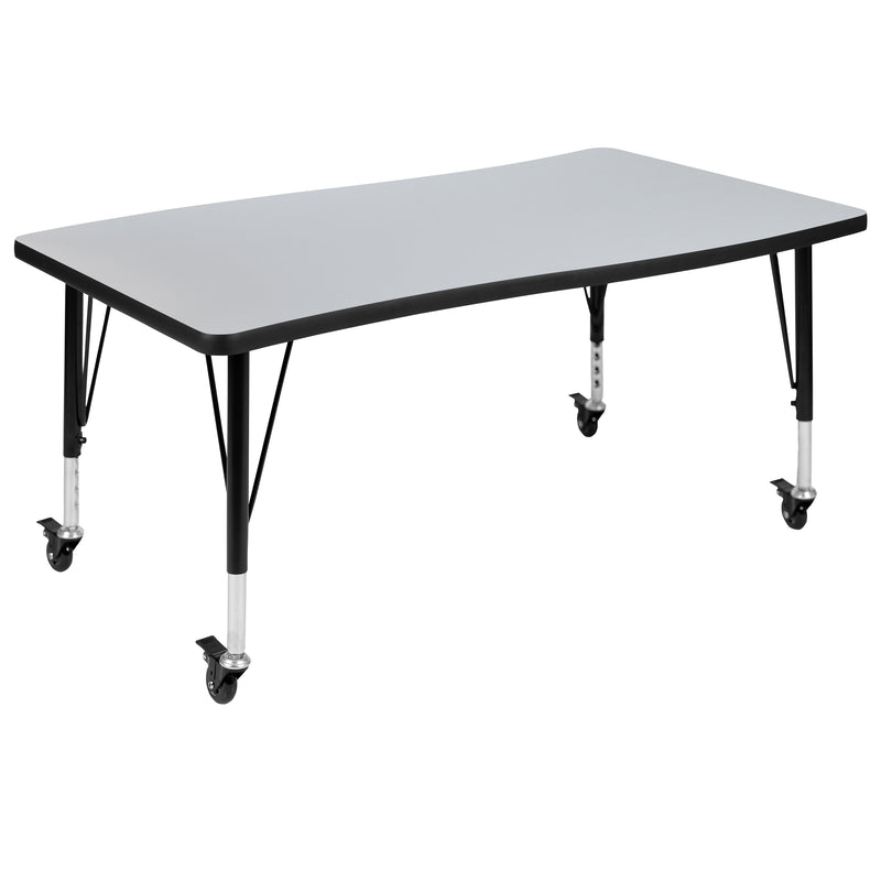 3 Piece Mobile 76" Oval Wave Flexible Grey Thermal Laminate Activity Table Set - Height Adjustable Short Legs