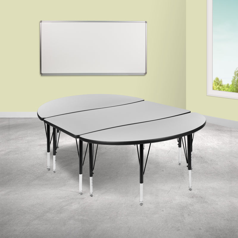 3 Piece 76" Oval Wave Flexible Grey Thermal Laminate Activity Table Set - Height Adjustable Short Legs