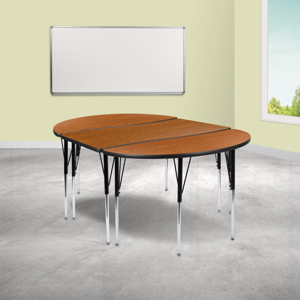 3 Piece 76" Oval Wave Flexible Oak Thermal Laminate Activity Table Set - Standard Height Adjustable Legs