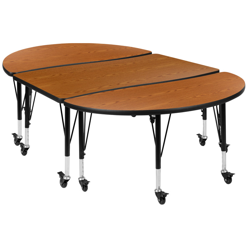 3 Piece Mobile 76" Oval Wave Flexible Oak Thermal Laminate Activity Table Set - Height Adjustable Short Legs