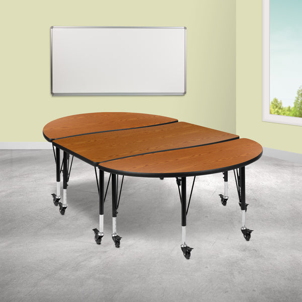 3 Piece Mobile 76" Oval Wave Flexible Oak Thermal Laminate Activity Table Set - Height Adjustable Short Legs