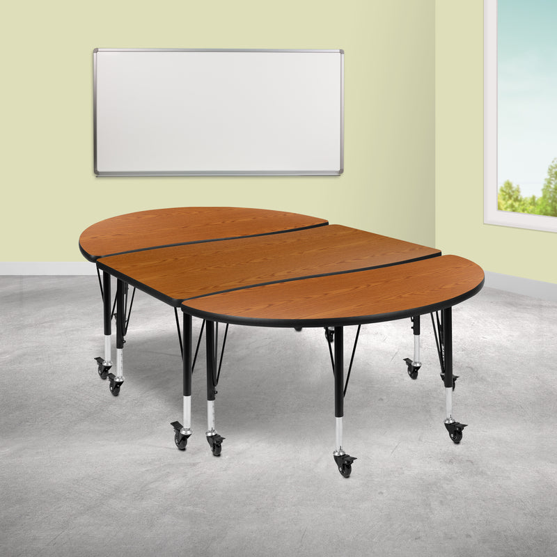 3 Piece Mobile 76" Oval Wave Flexible Oak Thermal Laminate Activity Table Set - Height Adjustable Short Legs