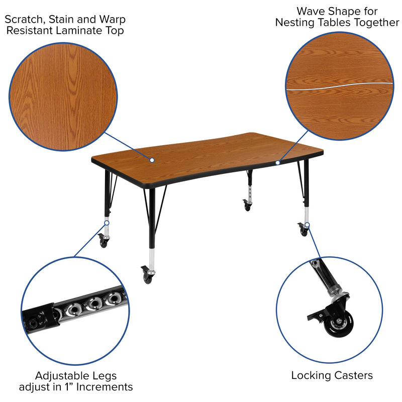 3 Piece Mobile 76" Oval Wave Flexible Oak Thermal Laminate Activity Table Set - Height Adjustable Short Legs