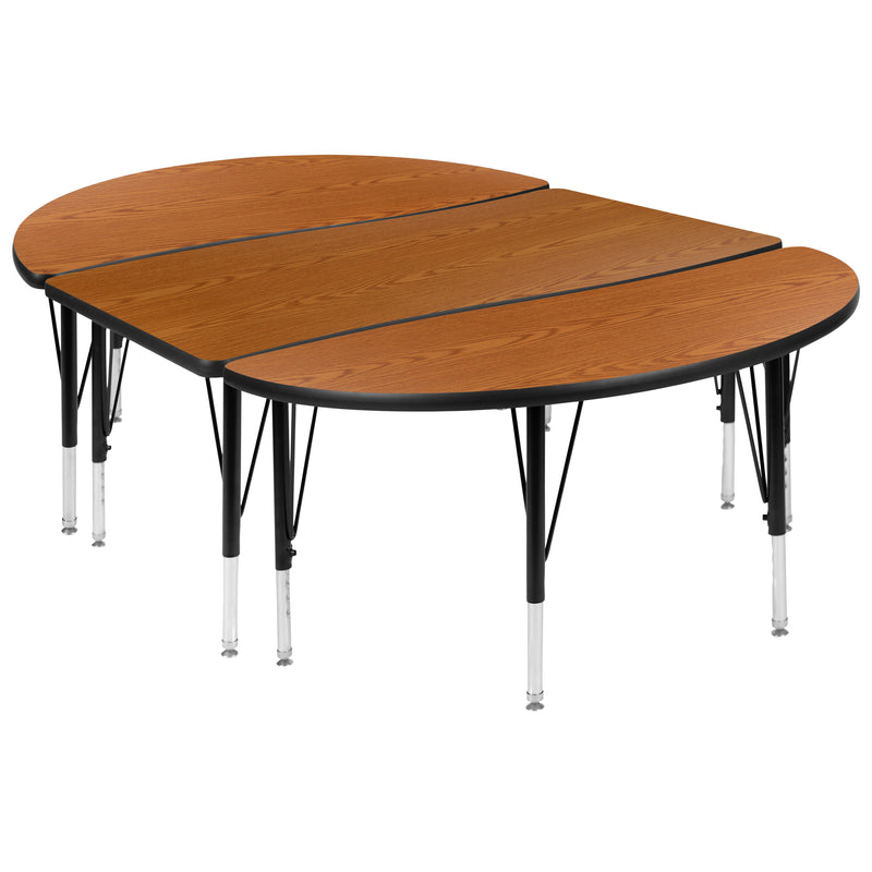 3 Piece 76" Oval Wave Flexible Oak Thermal Laminate Activity Table Set - Height Adjustable Short Legs