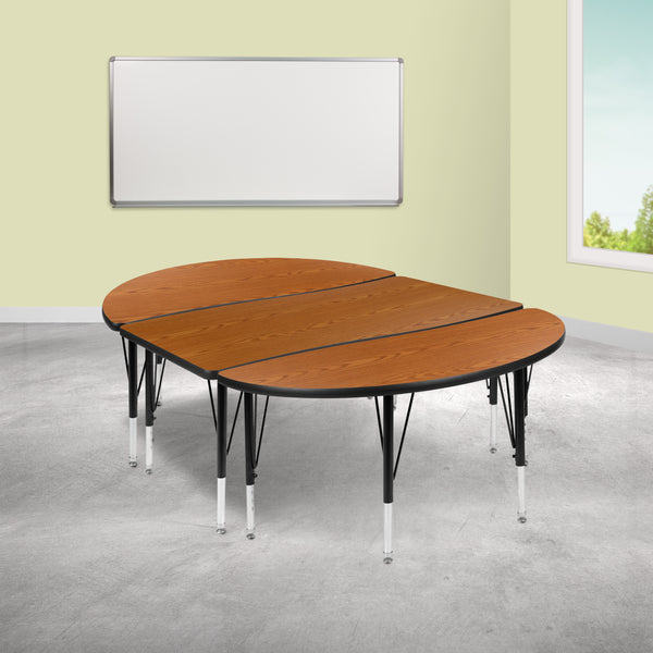 3 Piece 76" Oval Wave Flexible Oak Thermal Laminate Activity Table Set - Height Adjustable Short Legs