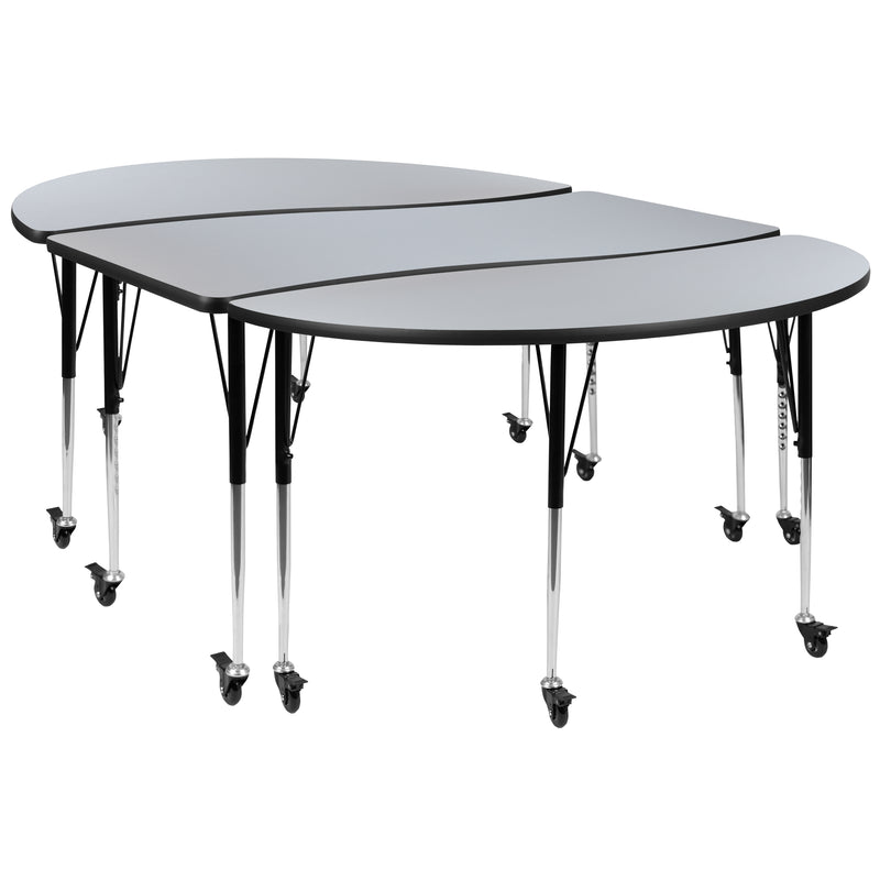 3 Piece Mobile 86" Oval Wave Flexible Grey Thermal Laminate Activity Table Set-Standard Height Adjustable Legs