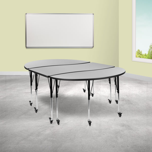 3 Piece Mobile 86" Oval Wave Flexible Grey Thermal Laminate Activity Table Set-Standard Height Adjustable Legs