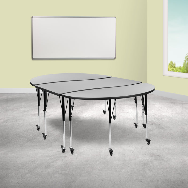 3 Piece Mobile 86" Oval Wave Flexible Grey Thermal Laminate Activity Table Set-Standard Height Adjustable Legs