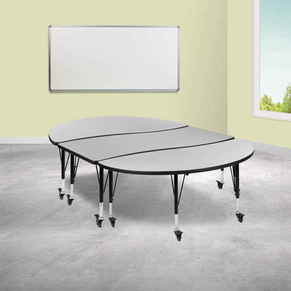 3 Piece Mobile 86" Oval Wave Flexible Grey Thermal Laminate Activity Table Set - Height Adjustable Short Legs