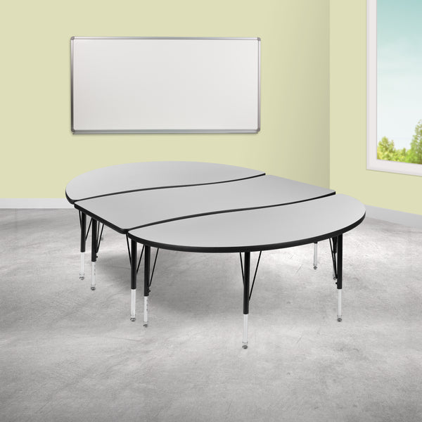 3 Piece 86" Oval Wave Flexible Grey Thermal Laminate Activity Table Set - Height Adjustable Short Legs