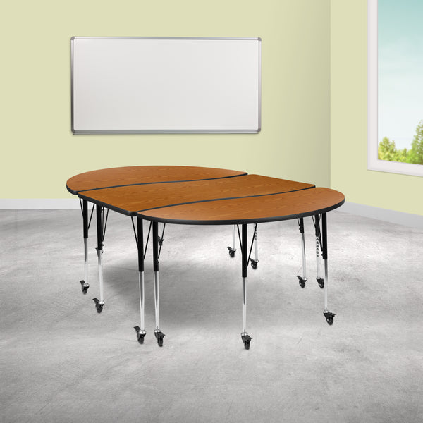 3 Piece Mobile 86" Oval Wave Flexible Oak Thermal Laminate Activity Table Set-Standard Height Adjustable Legs