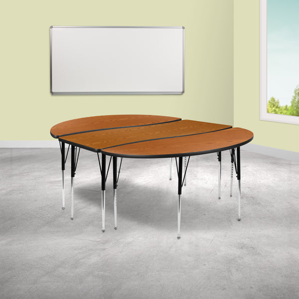 3 Piece 86" Oval Wave Flexible Oak Thermal Laminate Activity Table Set - Standard Height Adjustable Legs