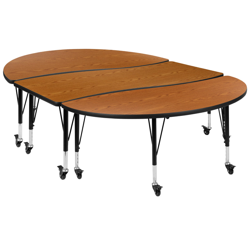 3 Piece Mobile 86" Oval Wave Flexible Oak Thermal Laminate Activity Table Set - Height Adjustable Short Legs