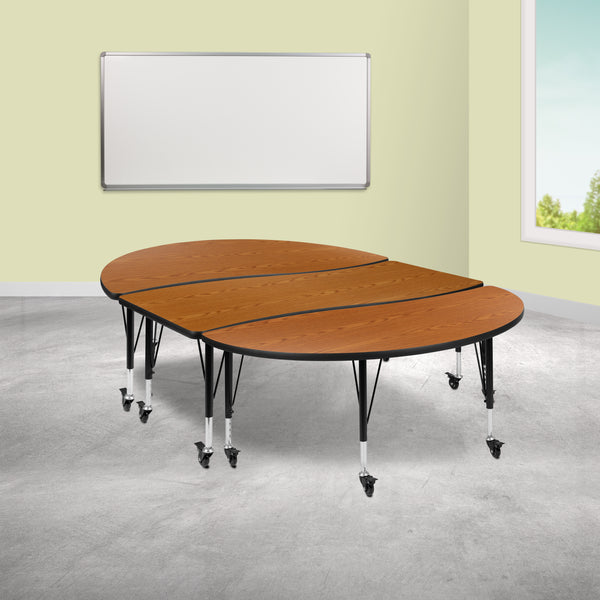 3 Piece Mobile 86" Oval Wave Flexible Oak Thermal Laminate Activity Table Set - Height Adjustable Short Legs