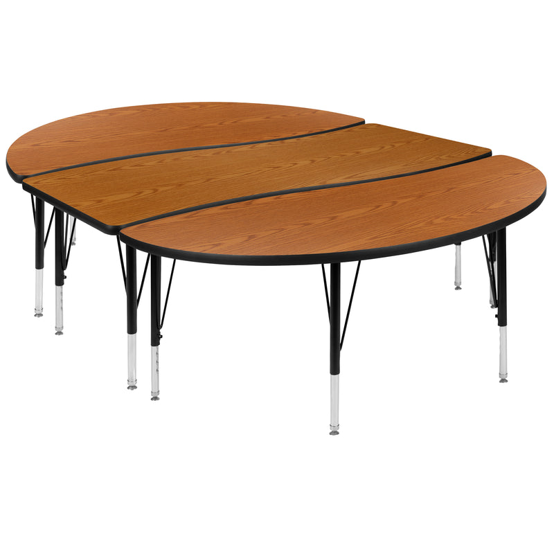 3 Piece 86" Oval Wave Flexible Oak Thermal Laminate Activity Table Set - Height Adjustable Short Legs