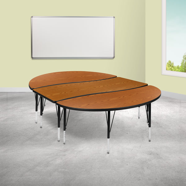 3 Piece 86" Oval Wave Flexible Oak Thermal Laminate Activity Table Set - Height Adjustable Short Legs