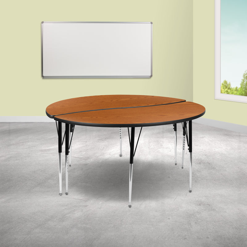 2 Piece 60" Circle Wave Flexible Oak Thermal Laminate Activity Table Set - Standard Height Adjustable Legs