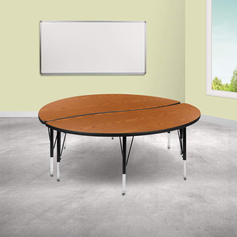 2 Piece 60" Circle Wave Flexible Oak Thermal Laminate Activity Table Set - Height Adjustable Short Legs