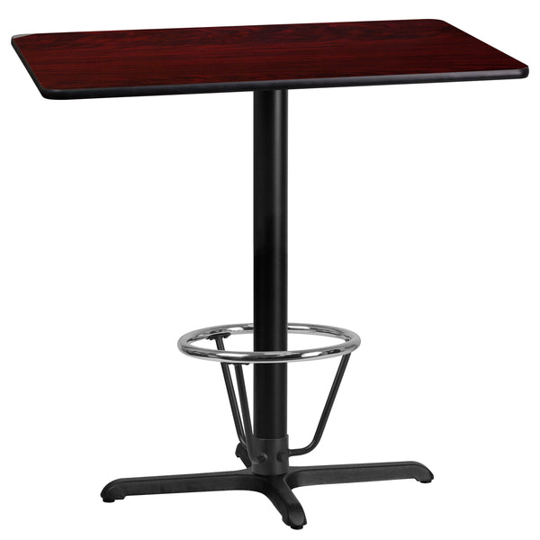 24'' x 42'' Rectangular Mahogany Laminate Table Top with 23.5'' x 29.5'' Bar Height Table Base and Foot Ring