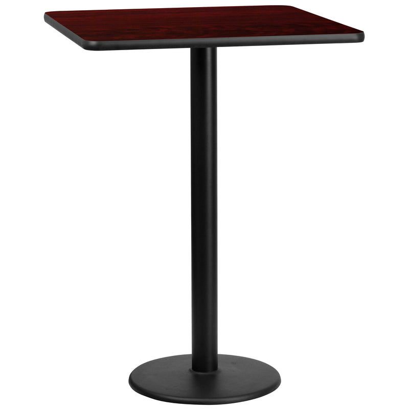 30'' Square Mahogany Laminate Table Top with 18'' Round Bar Height Table Base