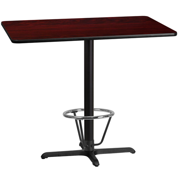 30'' x 48'' Rectangular Mahogany Laminate Table Top with 23.5'' x 29.5'' Bar Height Table Base and Foot Ring