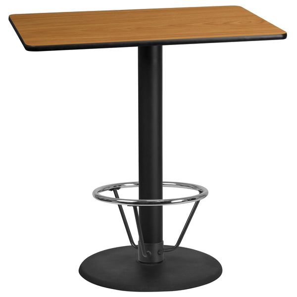 30'' x 45'' Rectangular Natural Laminate Table Top with 24'' Round Bar Height Table Base and Foot Ring