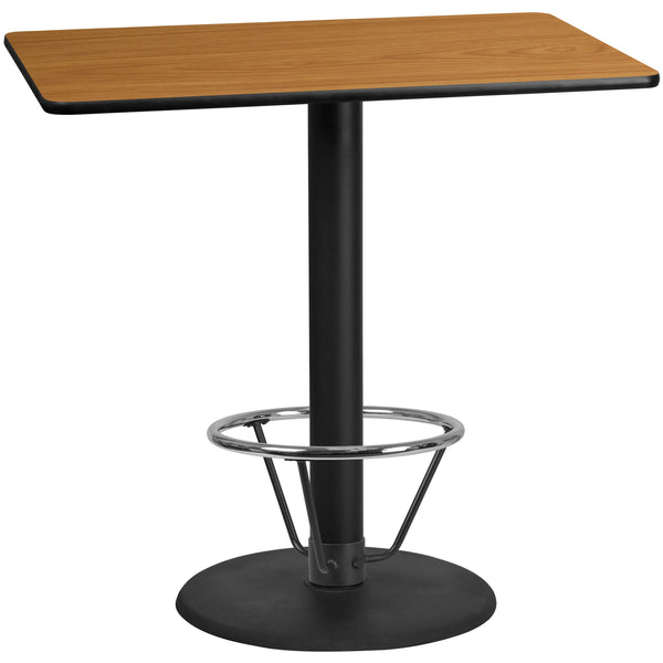 30'' x 48'' Rectangular Natural Laminate Table Top with 24'' Round Bar Height Table Base and Foot Ring