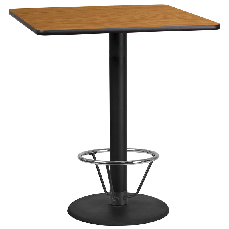 36'' Square Natural Laminate Table Top with 24'' Round Bar Height Table Base and Foot Ring