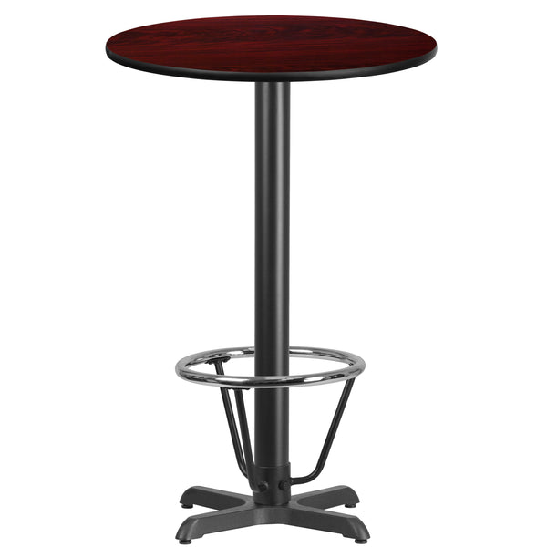 24'' Round Mahogany Laminate Table Top with 22'' x 22'' Bar Height Table Base and Foot Ring