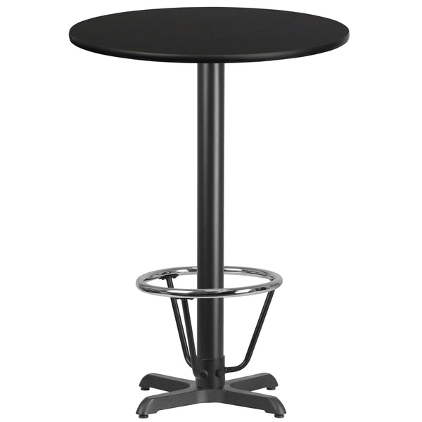 30'' Round Black Laminate Table Top with 22'' x 22'' Bar Height Table Base and Foot Ring