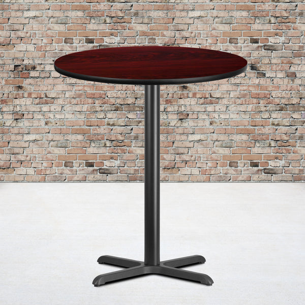 36'' Round Mahogany Laminate Table Top with 30'' x 30'' Bar Height Table Base