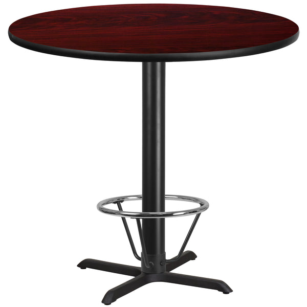42'' Round Mahogany Laminate Table Top with 33'' x 33'' Bar Height Table Base and Foot Ring